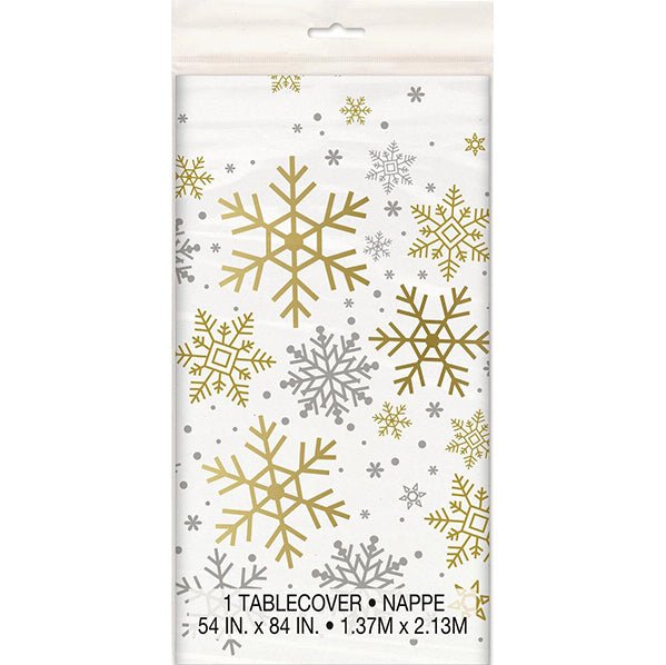 Silver & Gold Holiday Snowflakes Tablecover 137cm x 213cm - The Party Marketplace