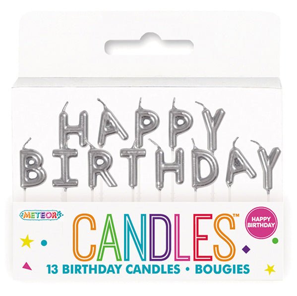 Silver "Happy Birthday" Pick Candles (Pack of 13) - The Party Marketplace