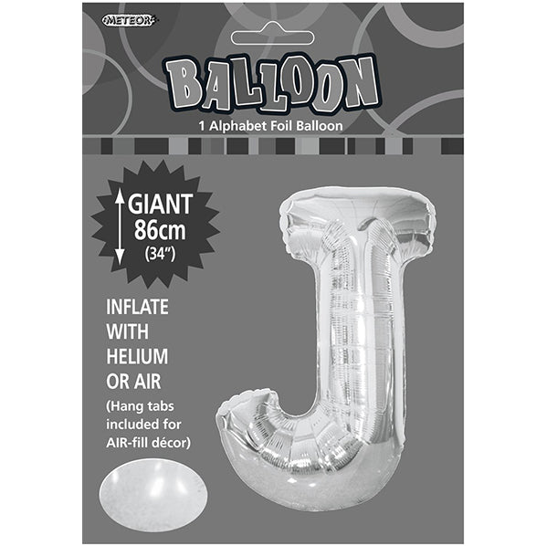 Silver "J" Letter Foil Balloon (86cm) - The Party Marketplace