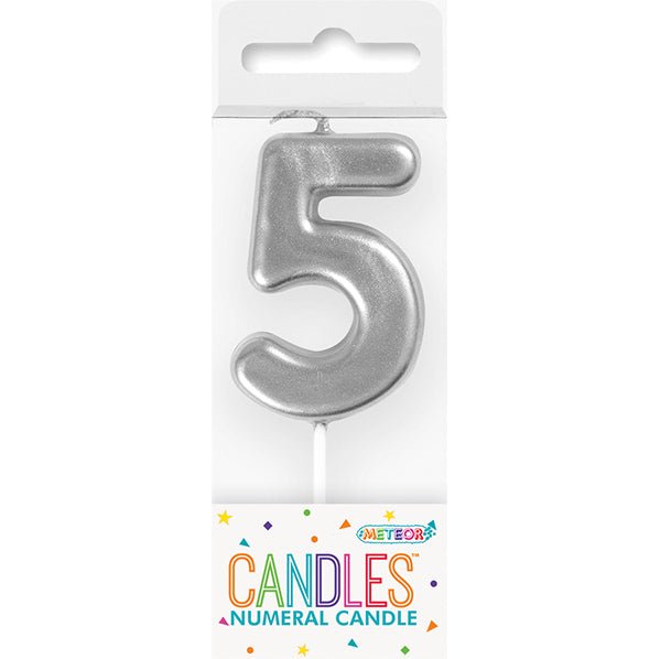 Silver Mini Numeral Pick Candle - 5 - The Party Marketplace