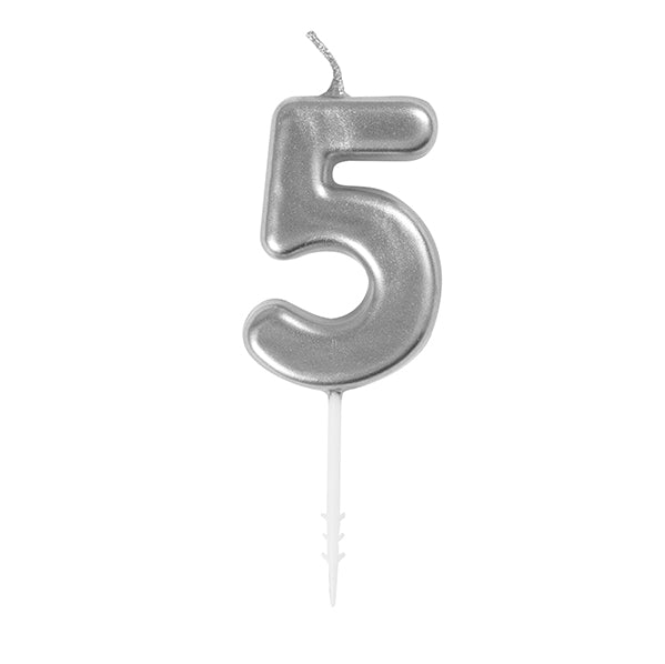 Silver Mini Numeral Pick Candle - 5 - The Party Marketplace