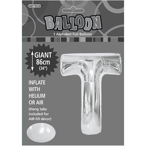 Silver "T" Letter Foil Balloon (86cm) - The Party Marketplace