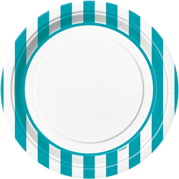 Stripes Caribbean Teal Paper Plates 23cm (Pack of 8) - The Party Marketplace