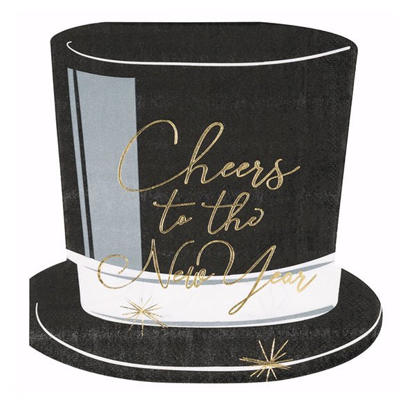 Toast To New Years Foil Stamped Top Hat Shaped Birthday Luncheon Napkins (Pack of 16) - The Party Marketplace