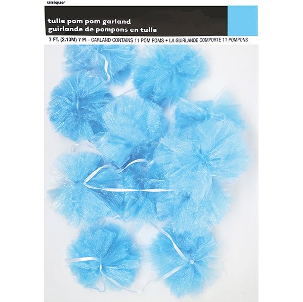 Tulle Pom Pom Garland - Blue (2.13m) - The Party Marketplace