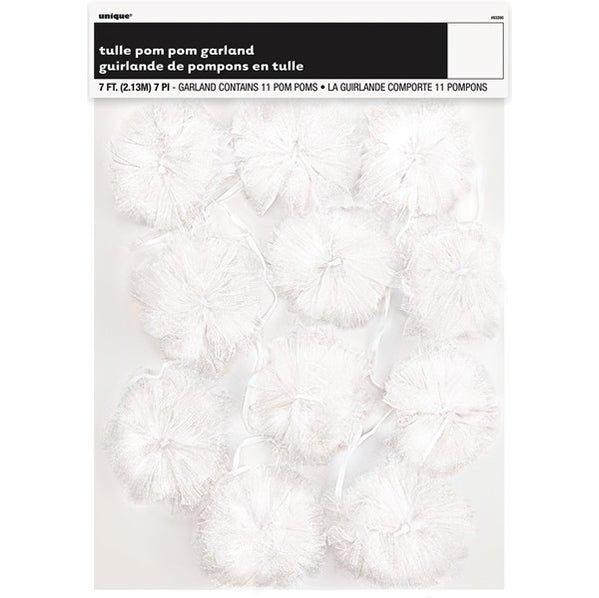Tulle Pom Pom Garland - White (2.13m) - The Party Marketplace