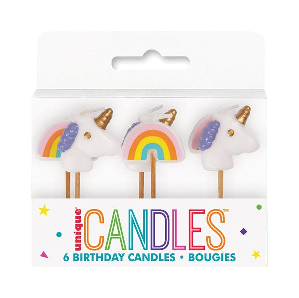 Unicorn And Rainbow Pick Candles (Pack of 6) - The Party Marketplace