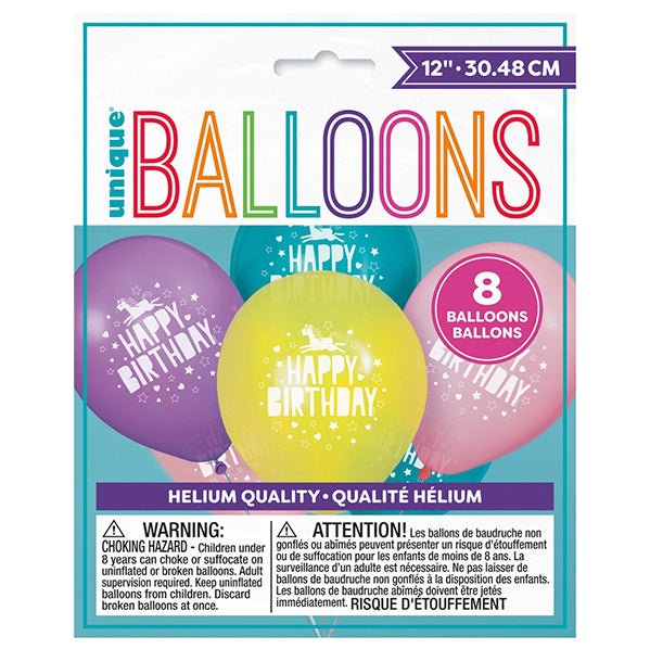 Unicorn Birthday Balloons - Assorted Colours (Pack of 8) - The Party Marketplace