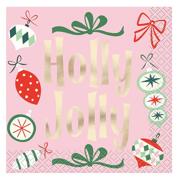 Vintage Christmas "Holly Jolly" Foil Stamped Beverage Napkins (Pack of 16) - The Party Marketplace