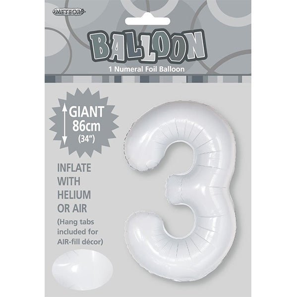 White "3" Numeral Foil Balloon (86cm) - The Party Marketplace