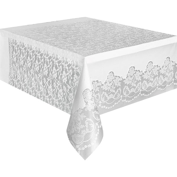 White Lace Clear Rectangular Plastic Tablecover 137cm x 274cm - The Party Marketplace