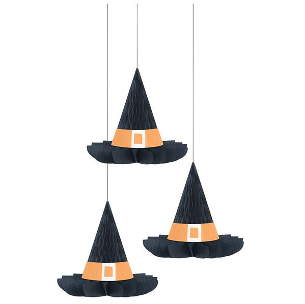Witch Hat Hanging Honeycomb Decorations 27cm (Pack of 3) - The Party Marketplace