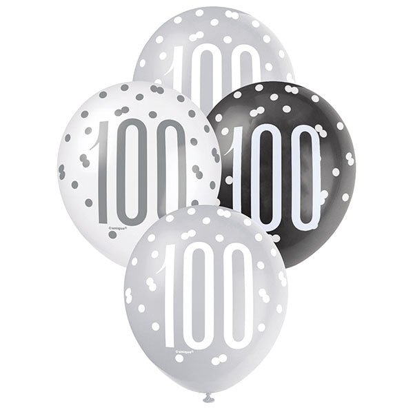 "100" Black, Silver & White Assorted Balloons 30cm (Pack of 6) - The Party Marketplace