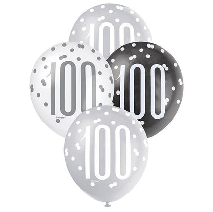 "100" Black, Silver & White Assorted Balloons 30cm (Pack of 6) - The Party Marketplace