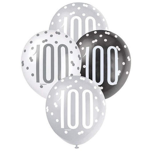 "100" Black, Silver & White Assorted Balloons 30cm (Pack of 6) - The Party Marketplace