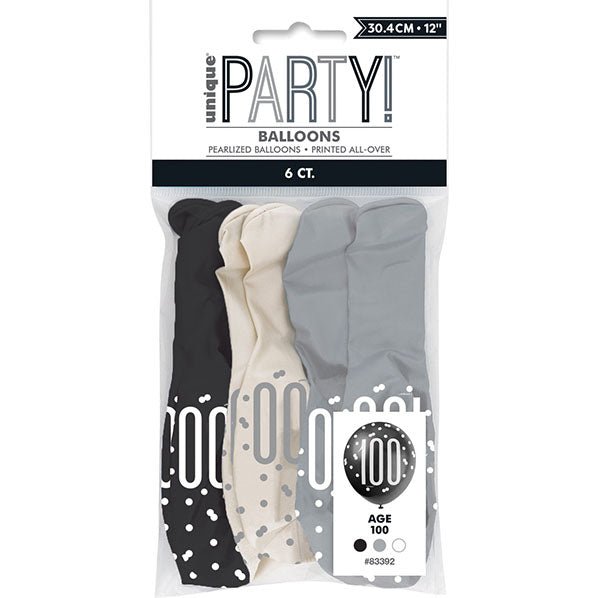 "100" Black, Silver & White Assorted Balloons 30cm (Pack of 6) - The Party Marketplace