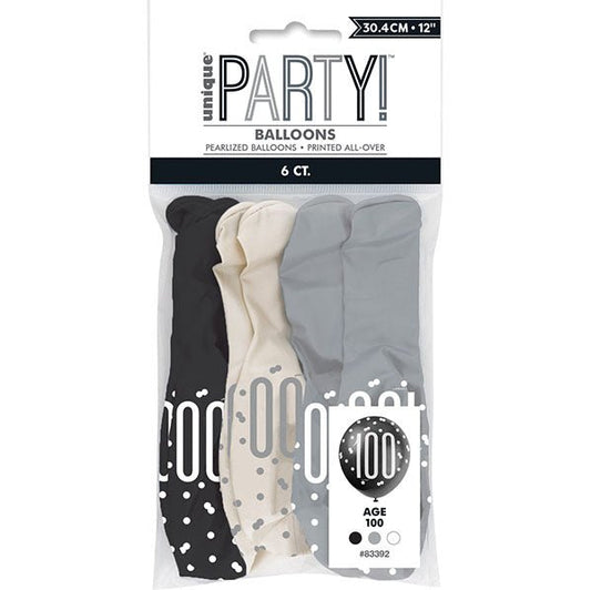 "100" Black, Silver & White Assorted Balloons 30cm (Pack of 6) - The Party Marketplace