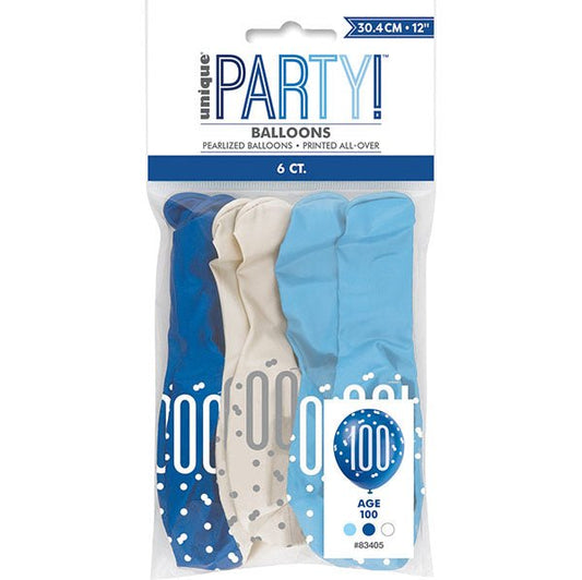 "100" Blue & White Assorted Balloons 30cm (Pack of 6) - The Party Marketplace