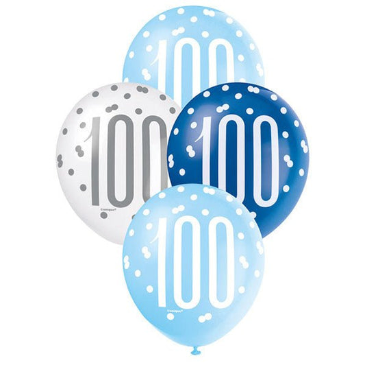 "100" Blue & White Assorted Balloons 30cm (Pack of 6) - The Party Marketplace