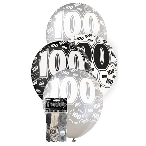 "100" Glitz Black Balloons 30cm (Pack of 6) - The Party Marketplace