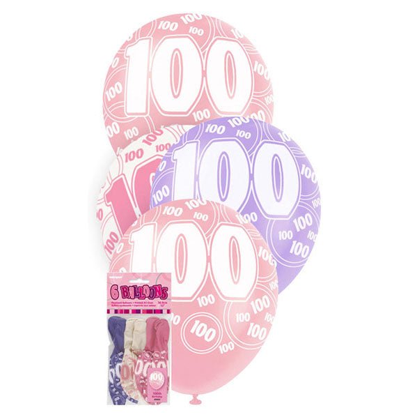 "100" Glitz Pink Balloons 30cm (Pack of 6) - The Party Marketplace