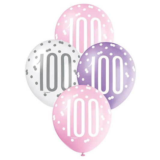 "100" Pink, Purple & White Assorted Balloons 30cm (Pack of 6) - The Party Marketplace