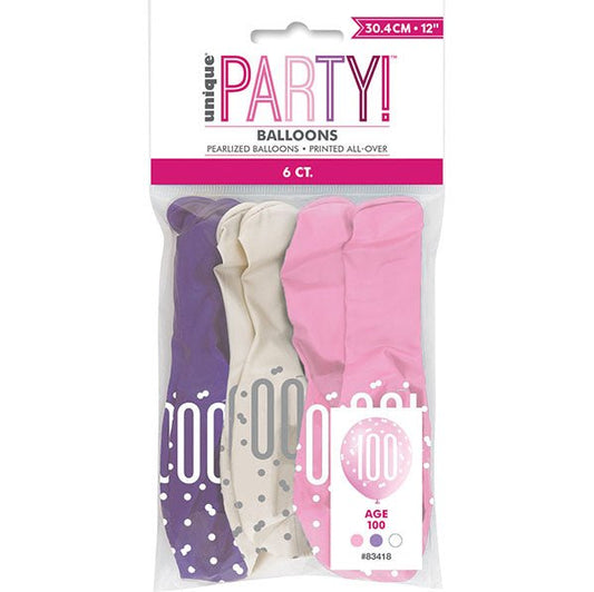 "100" Pink, Purple & White Assorted Balloons 30cm (Pack of 6) - The Party Marketplace
