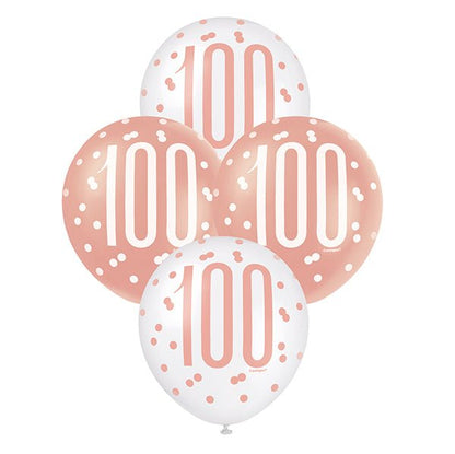 "100" Rose Gold & White Assorted Balloons 30cm (Pack of 6) - The Party Marketplace