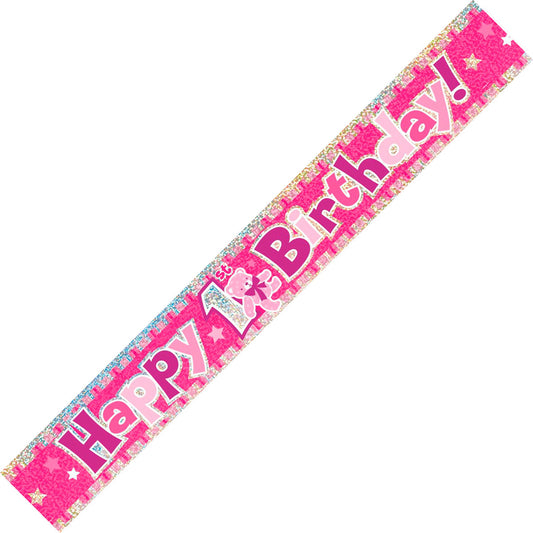 Happy 1st Birthday Prismatic Foil Banner - Pink (12ft)