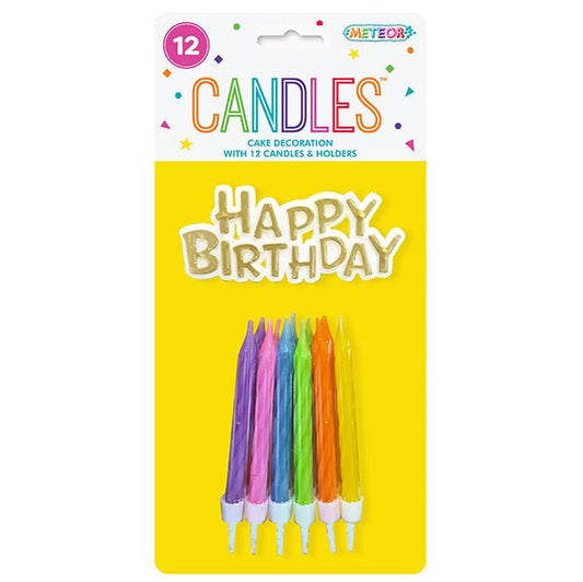 12 Candles & Holders With Gold Happy Birthday Topper - The Party Marketplace