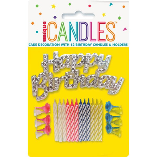12 Candles & Holders With "Happy Birthday" Cake Topper - The Party Marketplace