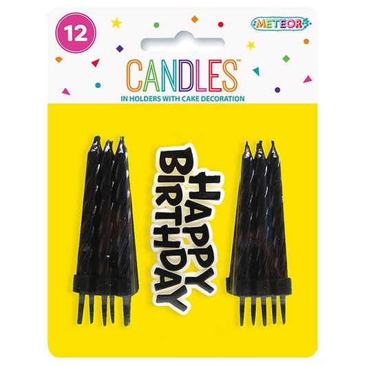 12 Candles & Holders With "Happy Birthday" Decoration - Black - The Party Marketplace
