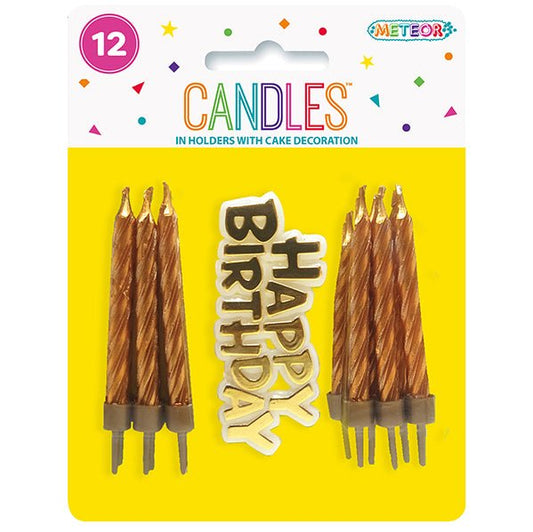 12 Candles & Holders With "Happy Birthday" Decoration - Gold - The Party Marketplace