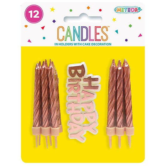 12 Candles & Holders With "Happy Birthday" Decoration - Rose Gold - The Party Marketplace