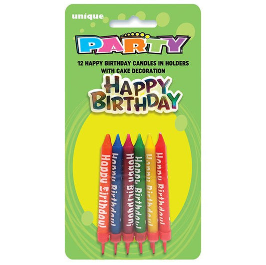 12 "Happy Birthday Candles & Holders With Cake Topper - The Party Marketplace