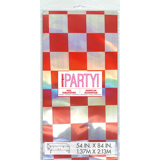 Retro Love Red & Iridescent Checkered Foil Tablecover 137cm x 274cm