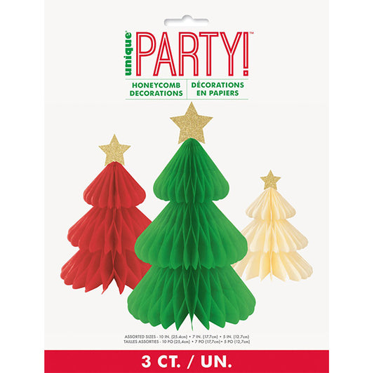 Red, Green & Cream Christmas Tree Honeycomb Decorations - Assorted Sizes (Pack of 3)