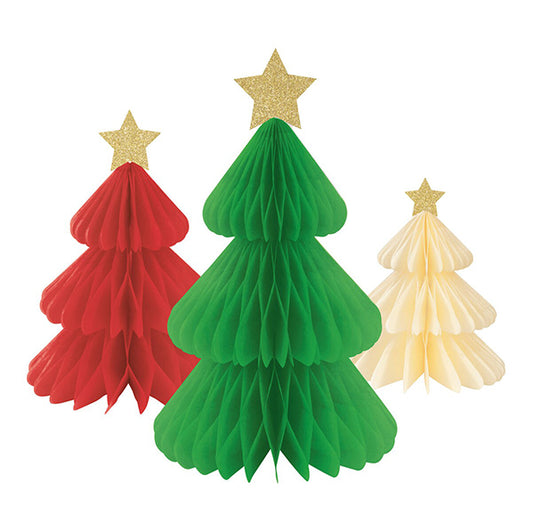 Red, Green & Cream Christmas Tree Honeycomb Decorations - Assorted Sizes (Pack of 3)