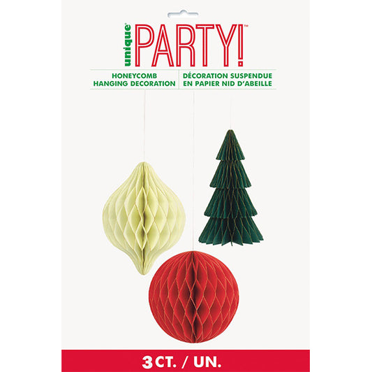 Metallic Edge Assorted Christmas Honeycomb Hanging Decorations - Assorted Sizes (Pack of 3)