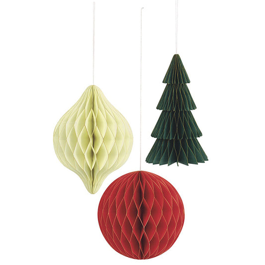 Metallic Edge Assorted Christmas Honeycomb Hanging Decorations - Assorted Sizes (Pack of 3)