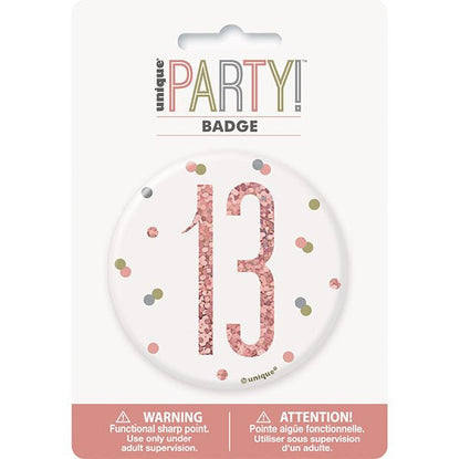 "13" Badge - Glitz Rose Gold - The Party Marketplace