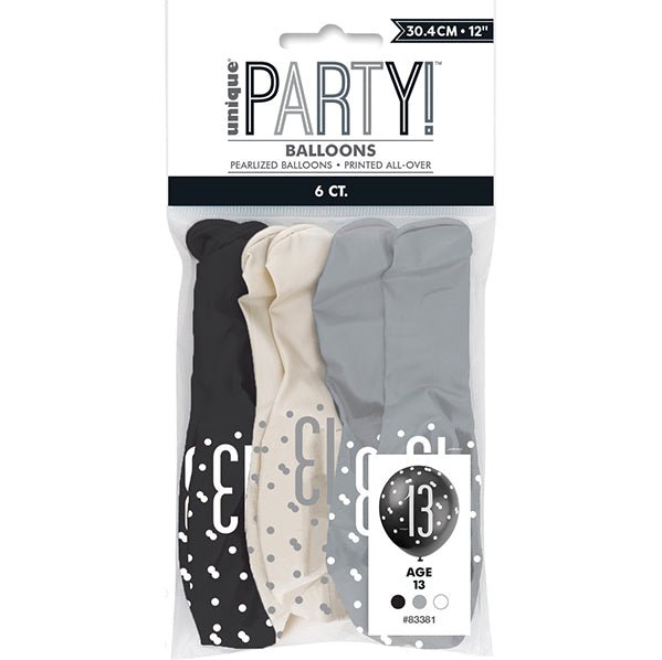 "13" Black, Silver & White Assorted Balloons 30cm (Pack of 6) - The Party Marketplace