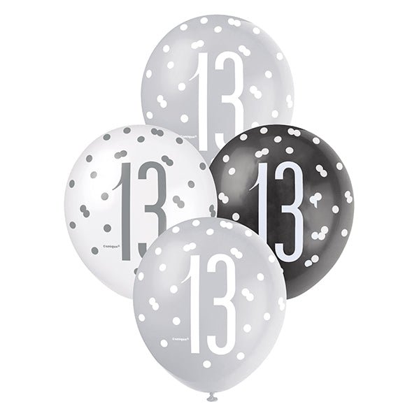 "13" Black, Silver & White Assorted Balloons 30cm (Pack of 6) - The Party Marketplace