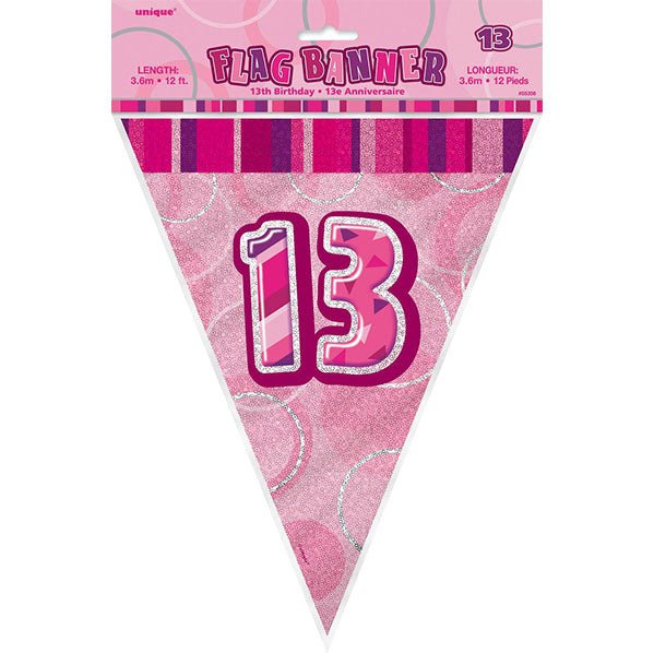 "13" Glitz Pink Flag Banner - 3.65m - The Party Marketplace