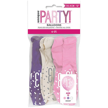 "13" Pink, Purple & White Assorted Balloons 30cm (Pack of 6) - The Party Marketplace