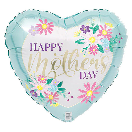 Lovely Blue With Flowers Heart "Happy Mother's Day" Foil Balloon With Ribbon 43cm