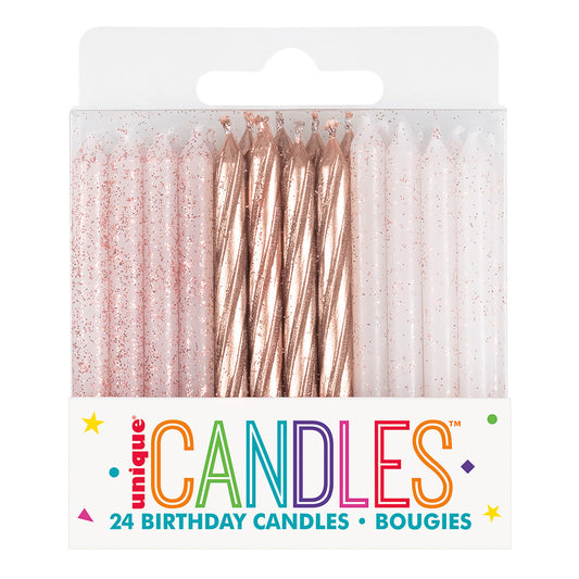 Rose Gold & Rose Gold Glitter Assorted Spiral Candles (Pack of 24)