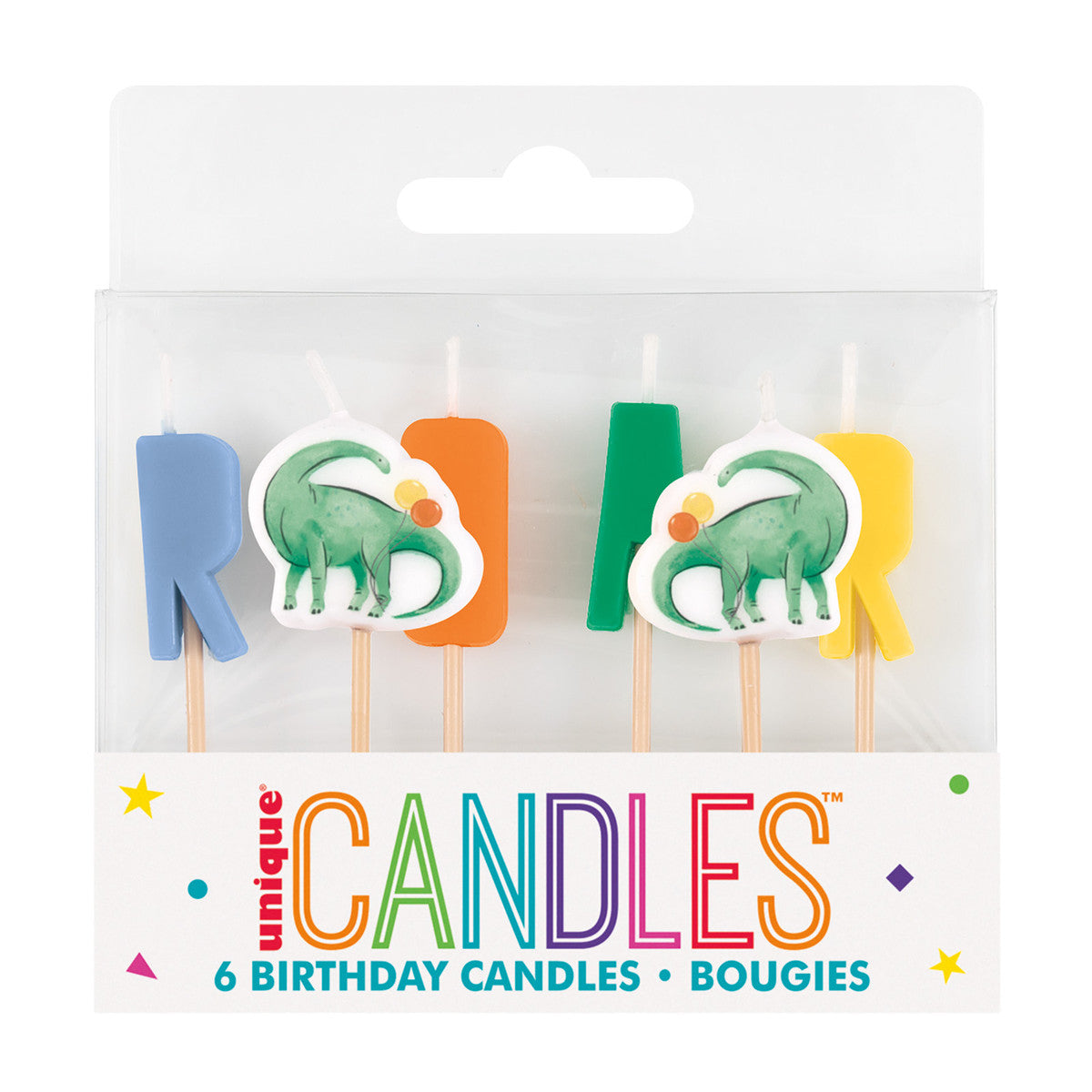 Dinosaur "Roar" Colourful Pick Birthday Candles (Pack of 6)