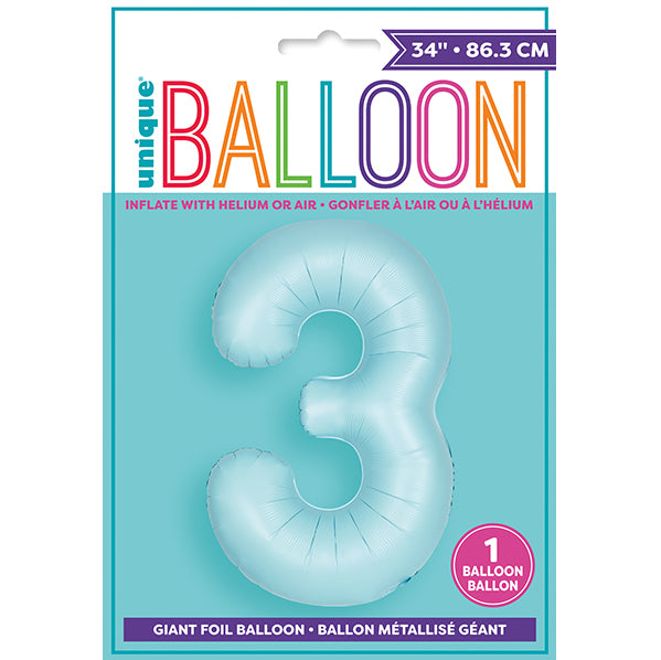 Matte Powder Blue "3" Numeral Foil Balloon (86cm)