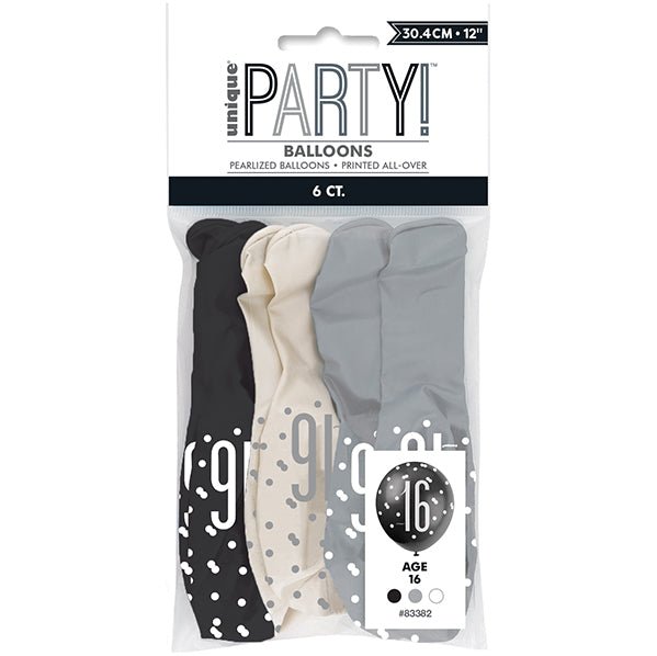 "16" Black, Silver & White Assorted Balloons 30cm (Pack of 6) - The Party Marketplace